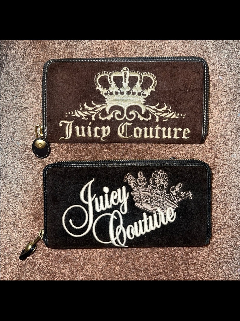 Juicy Couture Brown Zip Wallets with Cream Embroidery (Pair)